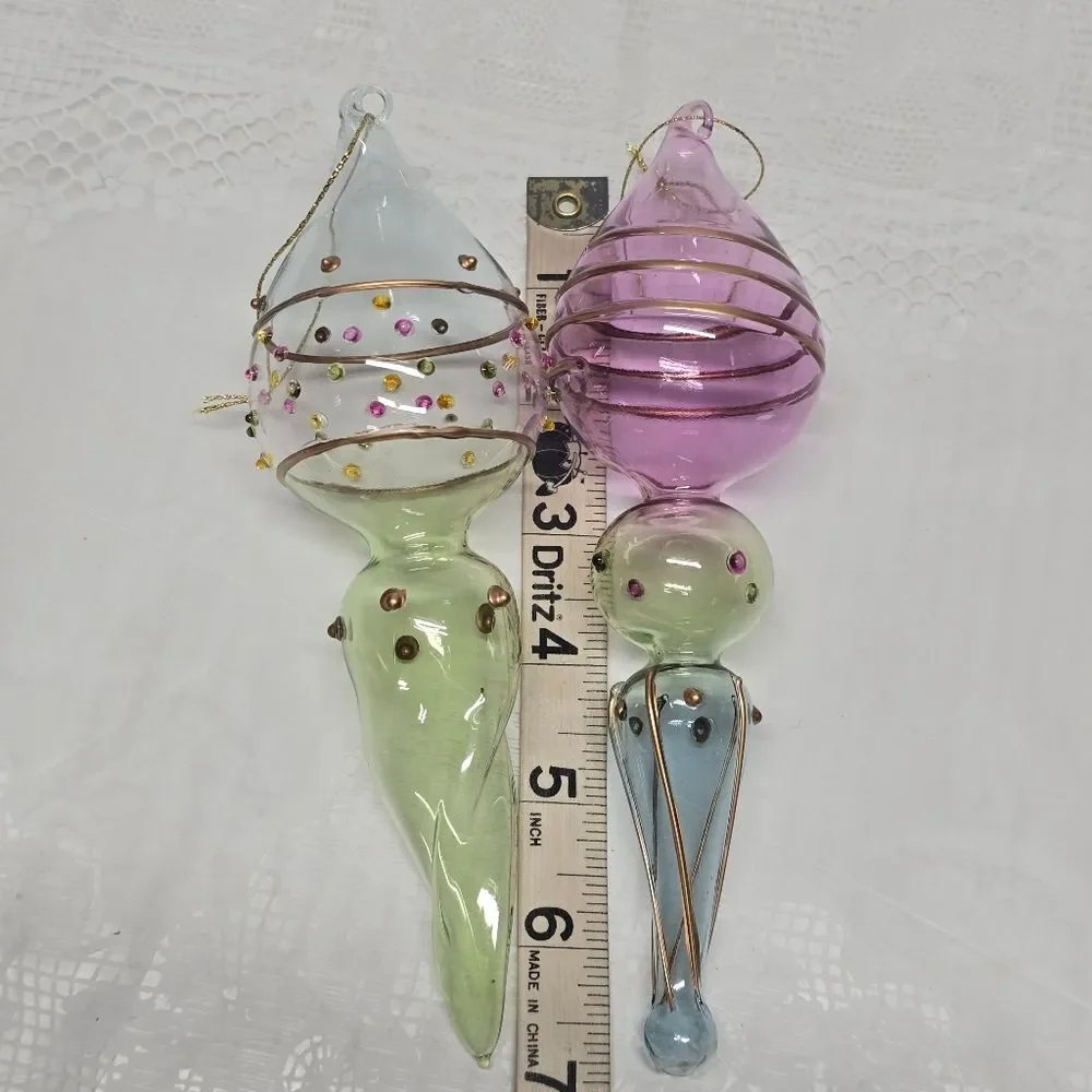 2 Hand Blown Lime Art Glass Finial Christmas Ornament Raised Polka Dots Trim 7